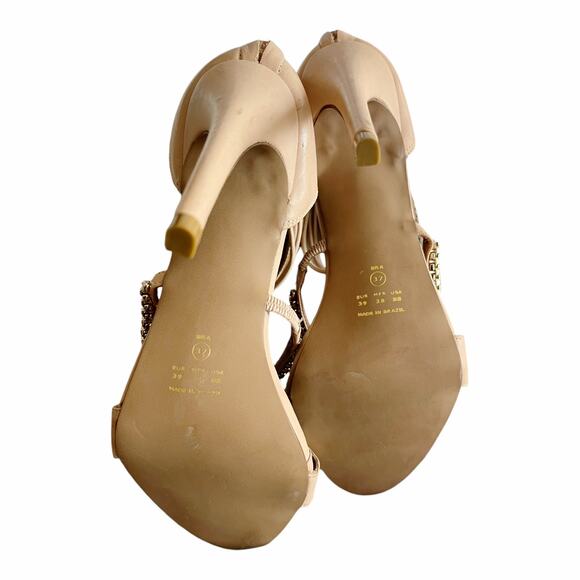 ALVEA Tan Leather Strappy Sandal Chain Stiletto Heels Ankle Strap Zip Closure 8 - Picture 6 of 9